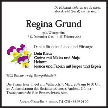 Traueranzeige von Regina Grund von Braunschweiger Zeitung