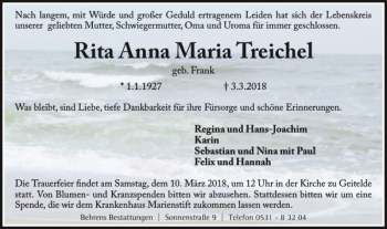 Traueranzeige von Rita Anna Maria Treichel von Braunschweiger Zeitung