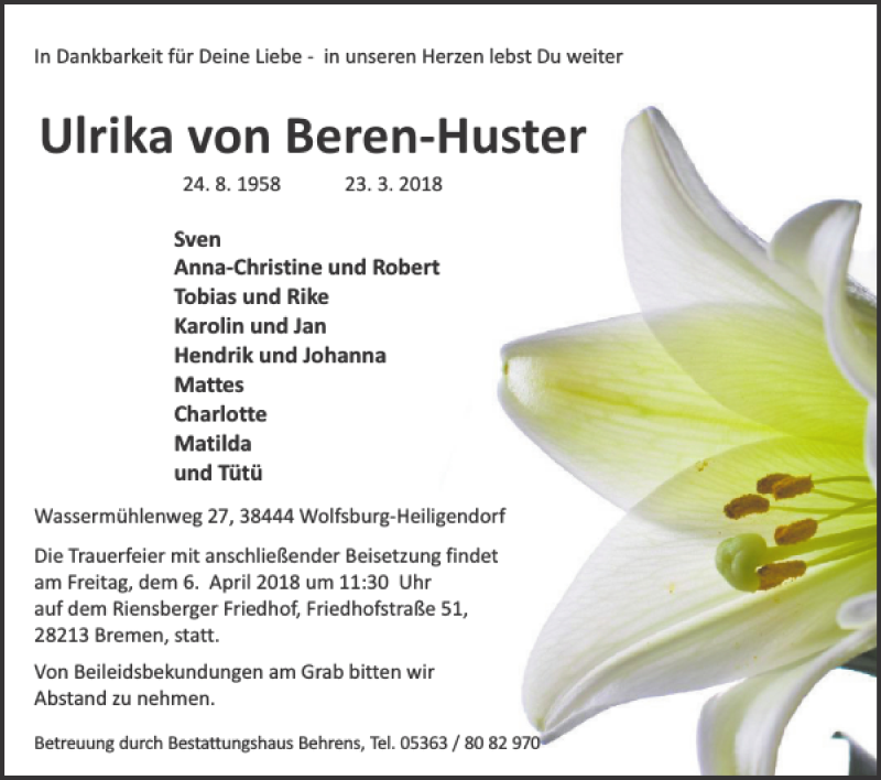  Traueranzeige für Ulrika von Beren-Huster vom 29.03.2018 aus Wolfsburger Nachrichten