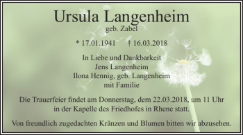 Traueranzeige von Ursula Langenheim von Salzgitter Zeitung