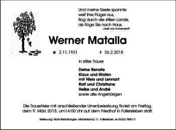 Traueranzeige von Werner Matalla von Wolfsburger Nachrichten