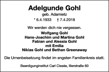 Traueranzeige von Adelgunde Gohl von Braunschweiger Zeitung