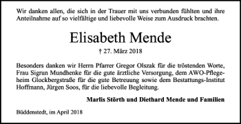 Traueranzeige von Elisabeth Mende von Helmstedter Nachrichten