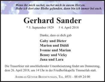 Traueranzeige von Gerhard Sander von Braunschweiger Zeitung