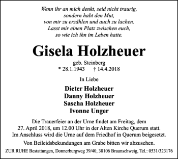 Traueranzeige von Gisela Holzheuer von Braunschweiger Zeitung