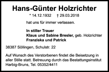 Traueranzeige von Hans-Günter Holzrichter von Helmstedter Nachrichten