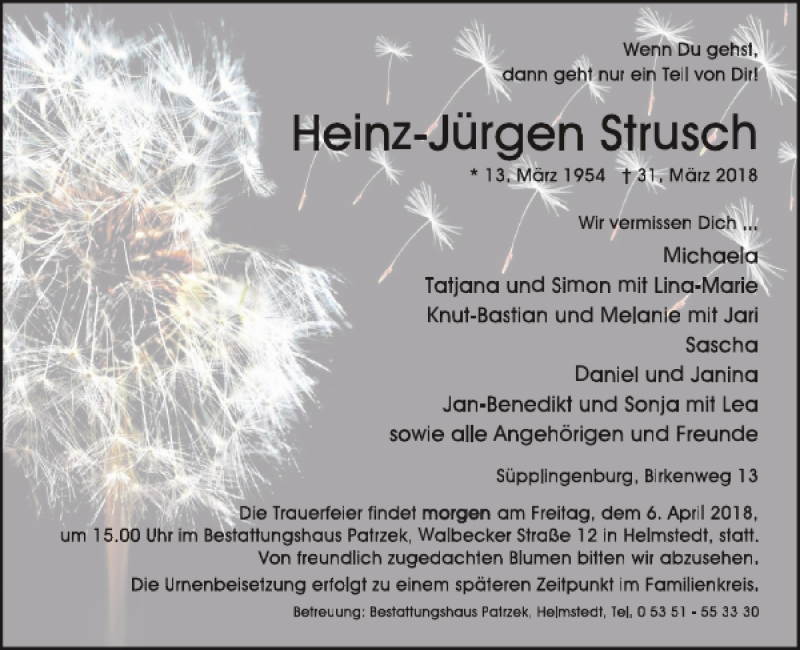  Traueranzeige für Heinz-Jürgen Strusch vom 05.04.2018 aus Helmstedter Nachrichten