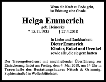 Traueranzeige von Helga Emmerich von Wolfenbütteler Zeitung