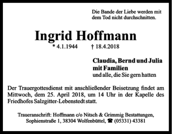 Traueranzeige von Ingrid Hoffmann von Salzgitter Zeitung