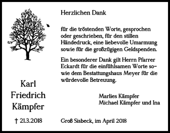 Traueranzeige von Karl Friedrich Kämpfer von Helmstedter Nachrichten