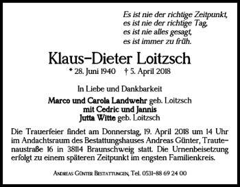 Traueranzeige von Klaus-Dieter Loitzsch von Braunschweiger Zeitung