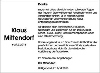 Traueranzeige von Klaus Mittendorf von Wolfsburger Nachrichten