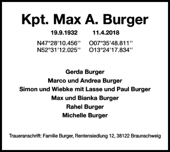 Traueranzeige von Kpt. Max A. Burger von Braunschweiger Zeitung