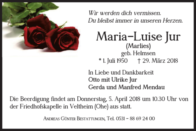  Traueranzeige für Maria-Luise Jur vom 04.04.2018 aus Wolfenbütteler Zeitung