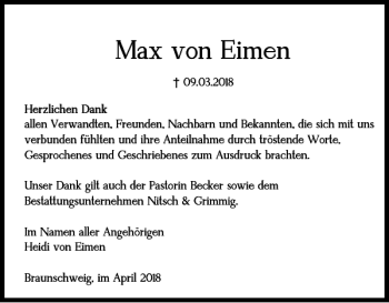 Traueranzeige von Max von Eimen von Braunschweiger Zeitung