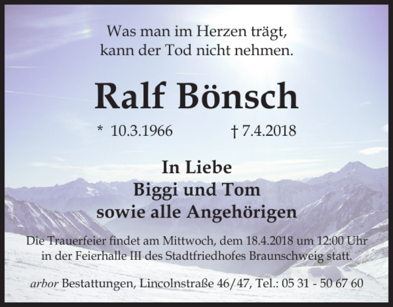  Traueranzeige für Ralf Bönsch vom 13.04.2018 aus Wolfsburger Nachrichten