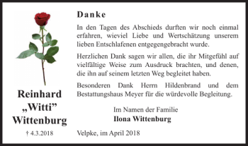 Traueranzeige von Reinhard Witti Wittenburg von Helmstedter Nachrichten