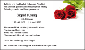 Traueranzeige von Sigrid König von Braunschweiger Zeitung