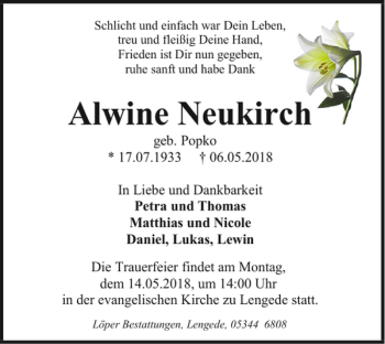 Traueranzeige von Alwine Neukirch von Peiner Nachrichten