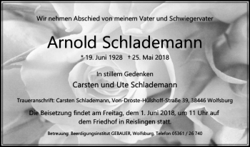Traueranzeige von Arnold Schlademann von Wolfsburger Nachrichten