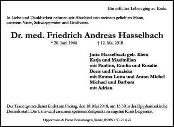 Traueranzeige von Dr. med. Friedrich Andreas Hasselbach von Braunschweiger Zeitung