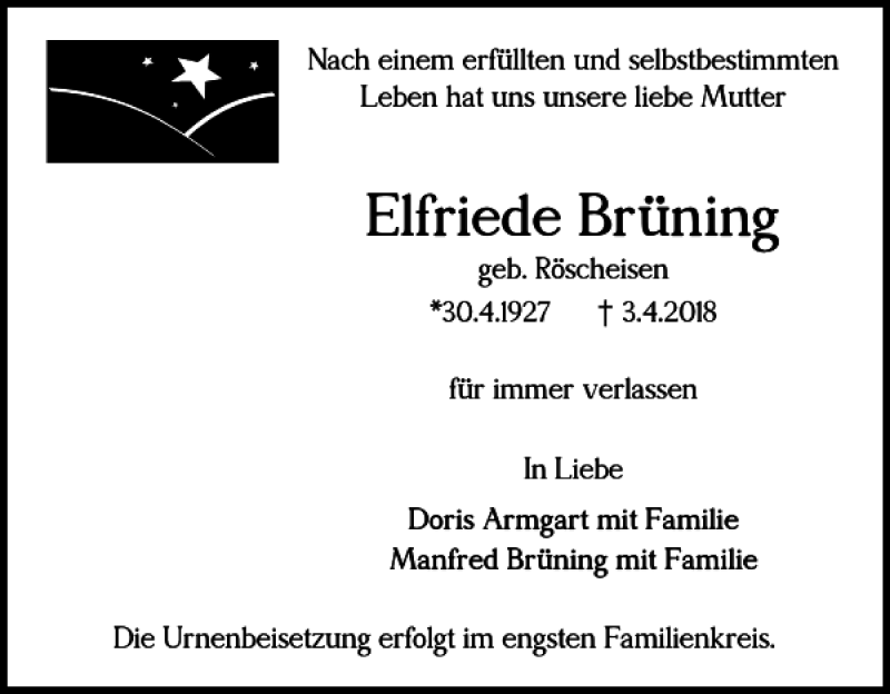  Traueranzeige für Elfriede Brüning vom 05.05.2018 aus Salzgitter Zeitung