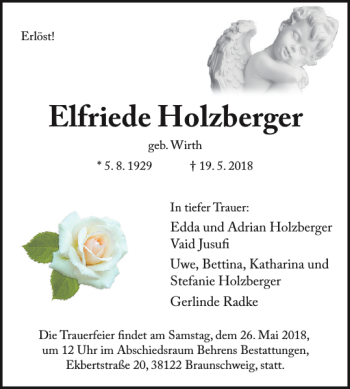 Traueranzeige von Elfriede Holzberger von Braunschweiger Zeitung