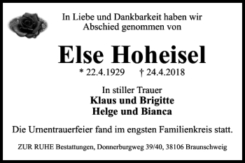 Traueranzeige von Else Hoheisel von Braunschweiger Zeitung