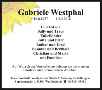 Traueranzeige von Gabriele Westphal von Braunschweiger Zeitung