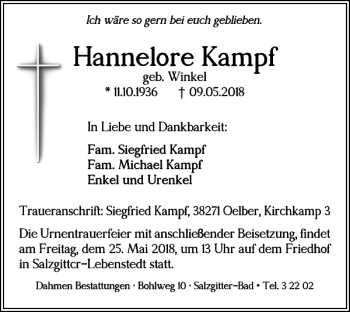 Traueranzeige von Hannelore Kampf von Salzgitter Zeitung