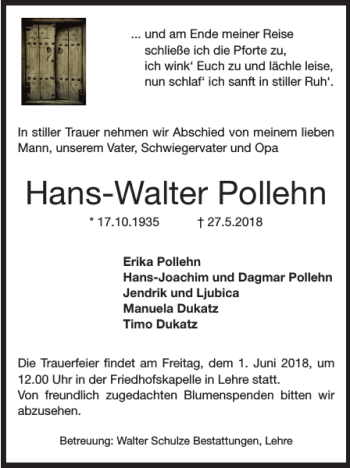 Traueranzeige von Hans-Walter Pollehn von Helmstedter Nachrichten