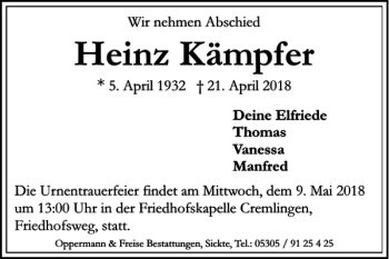 Traueranzeige von Heinz Kämpfer von Braunschweiger Zeitung