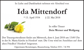 Traueranzeige von Ida Mittendorf von Braunschweiger Zeitung