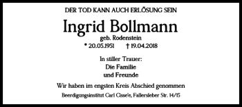 Traueranzeige von Ingrid Bollmann von Braunschweiger Zeitung