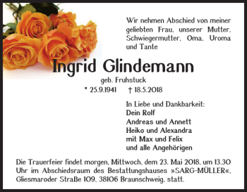 Traueranzeige von Ingrid Glindemann von Braunschweiger Zeitung