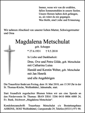 Traueranzeige von Magdalena Metschulat von Wolfenbütteler Zeitung