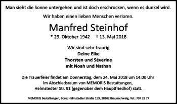 Traueranzeige von Manfred Steinhof von Braunschweiger Zeitung