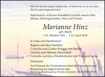 Traueranzeige von Marianne Hinz von Helmstedter Nachrichten