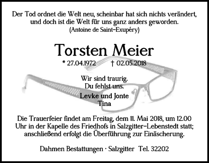  Traueranzeige für Torsten Meier vom 05.05.2018 aus Salzgitter Zeitung