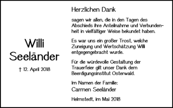 Traueranzeige von Willi Seeländer von Helmstedter Nachrichten