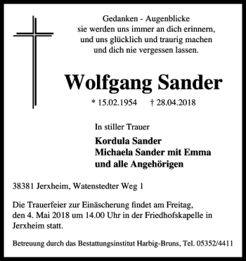 Traueranzeige von Wolfgang Sander von Helmstedter Nachrichten