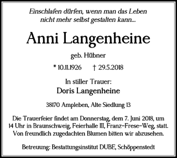 Traueranzeige von Anni Langenheine von Wolfenbütteler Zeitung