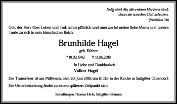 Traueranzeige von Brunhilde Hagel von Salzgitter Zeitung