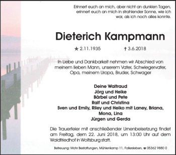 Traueranzeige von Dieterich Kampmann von Wolfsburger Nachrichten
