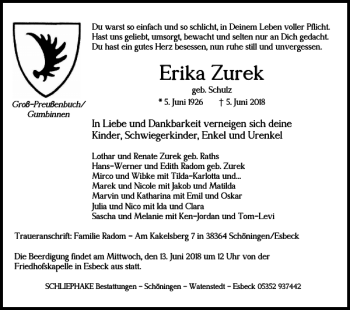 Traueranzeige von Erika Zurek von Helmstedter Nachrichten