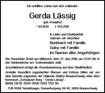 Traueranzeige von Gerda Lässig von Braunschweiger Zeitung