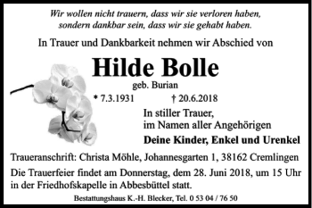 Traueranzeige von Hilde Bolle von Wolfsburger Nachrichten