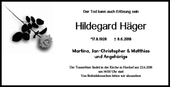 Traueranzeige von Hildegard Häger von Wolfenbütteler Zeitung