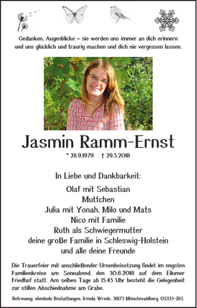  Traueranzeige für Jasmin Ramm-Ernst vom 01.06.2018 aus Braunschweiger Zeitung