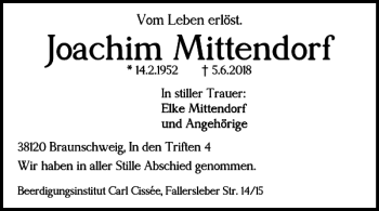 Traueranzeige von Joachim Mittendorf von Braunschweiger Zeitung